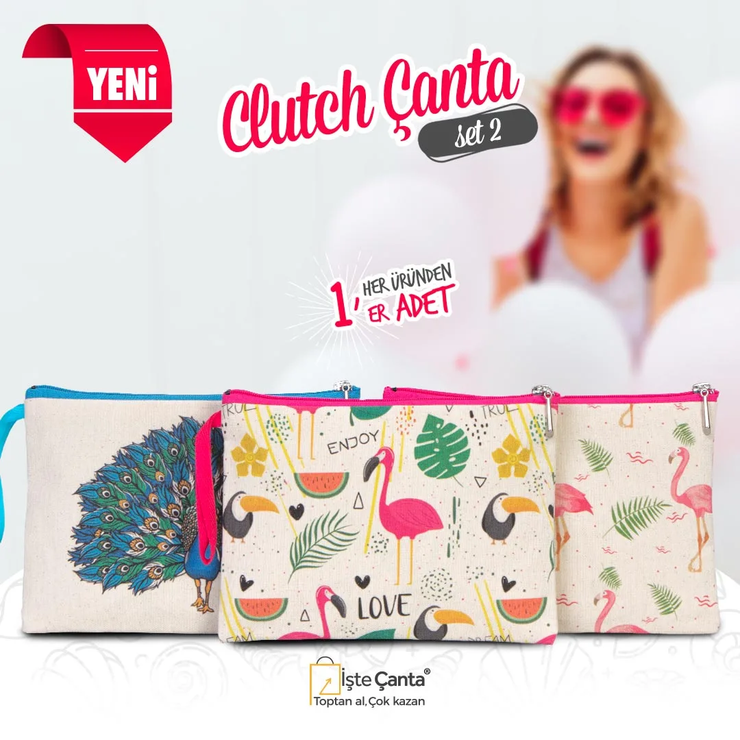 Flamingo Baskılı Clutch Set - Her Üründen 1 Adet - promosyon kalem, promosyon defter · Clutch & Kalemlik