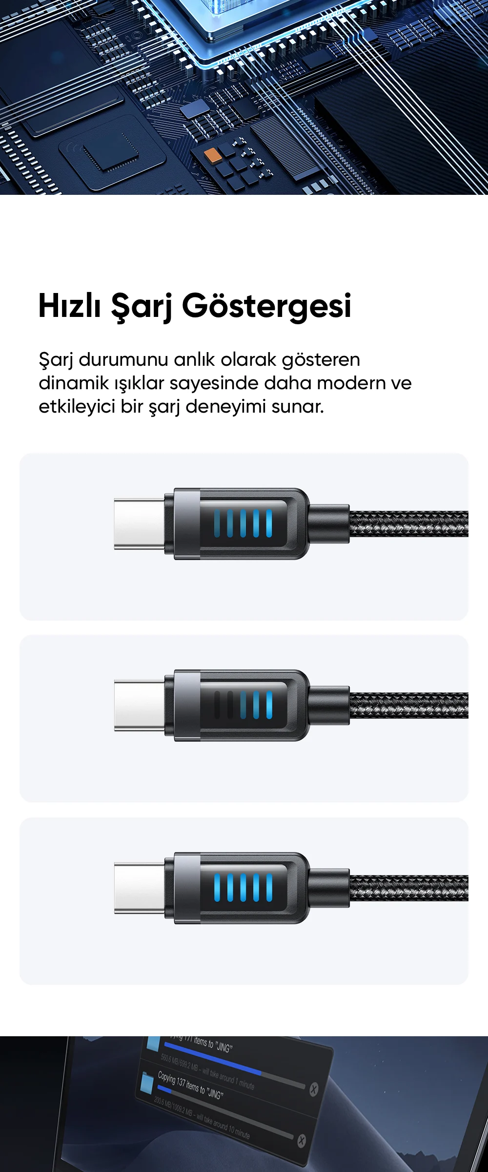 Mcdodo CA-0350 240W Type-C To Type-C Dinamik LED'li Şarj Kablosu 1.2m Siyah ürün afişi · bölüm 3