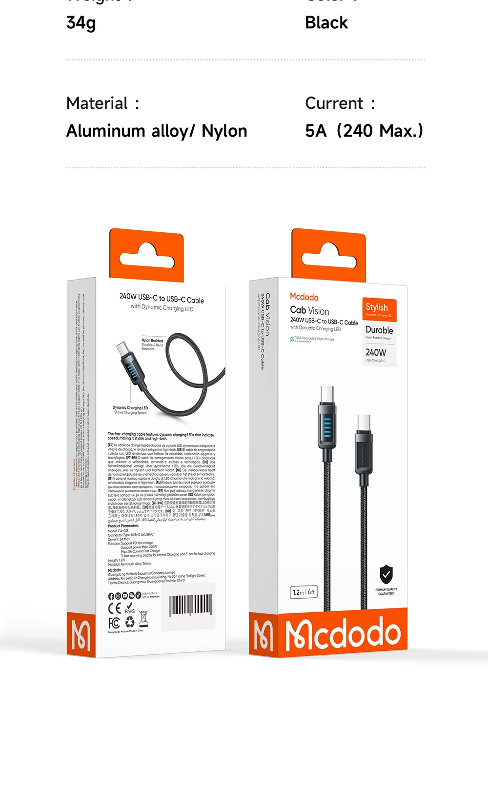 Mcdodo CA-0350 240W Type-C To Type-C Dinamik LED'li Şarj Kablosu 1.2m Siyah ürün afişi · bölüm 5