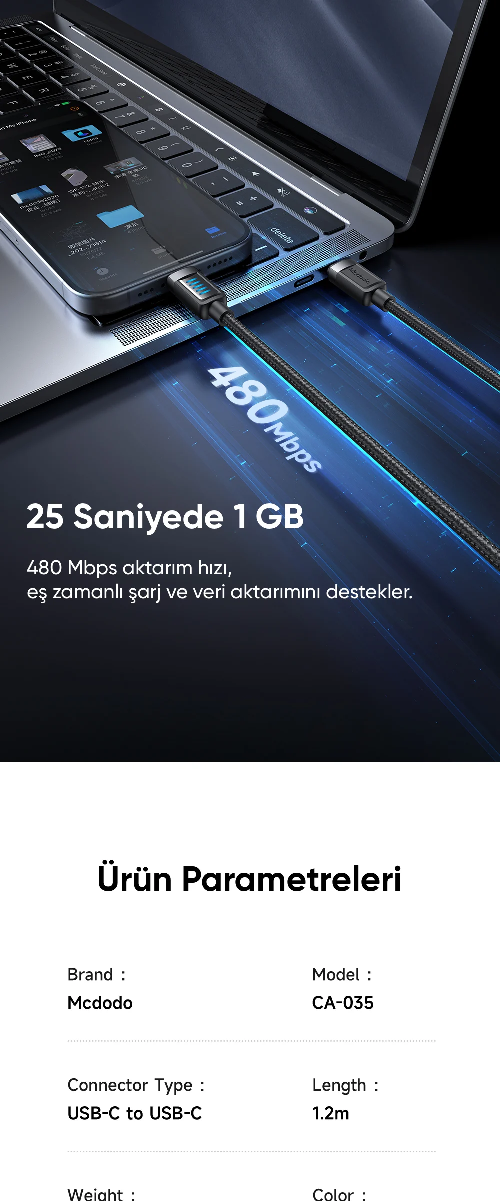 Mcdodo CA-0350 240W Type-C To Type-C Dinamik LED'li Şarj Kablosu 1.2m Siyah ürün afişi · bölüm 4