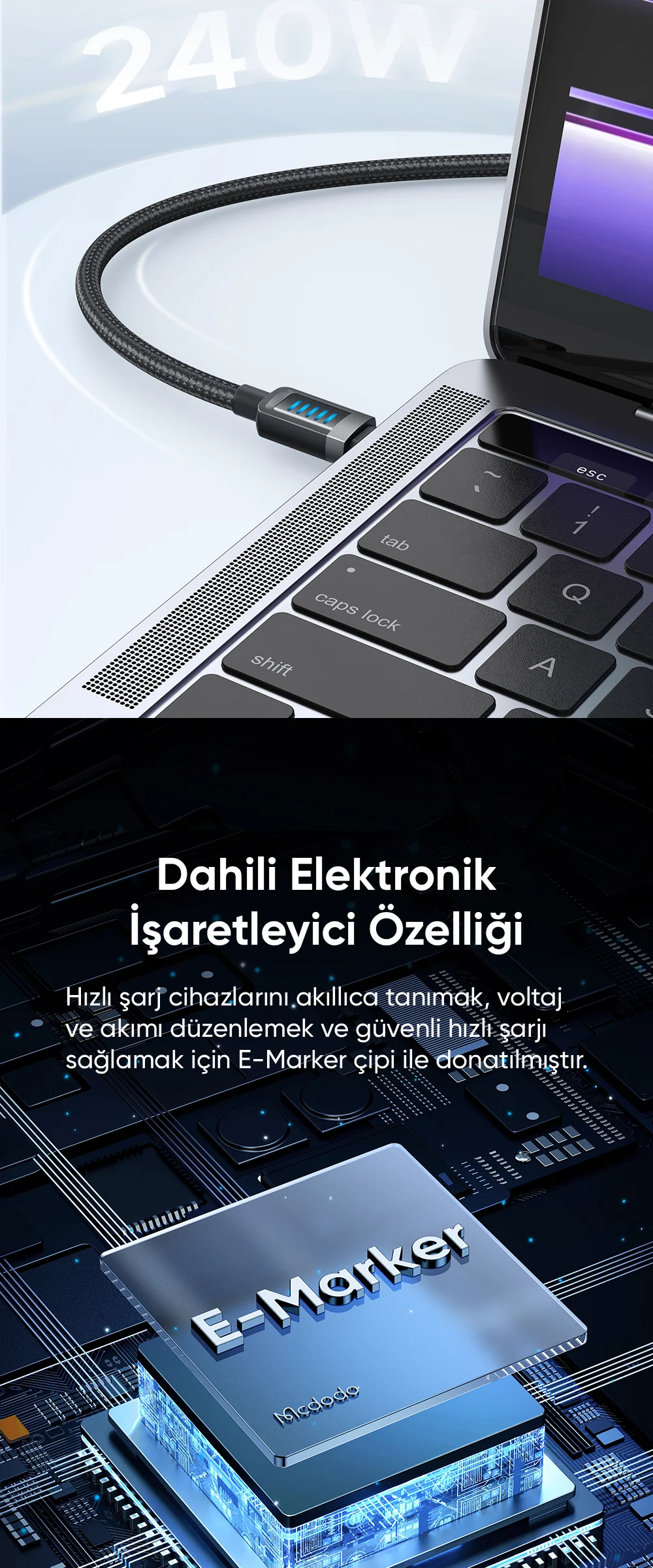 Mcdodo CA-0350 240W Type-C To Type-C Dinamik LED'li Şarj Kablosu 1.2m Siyah ürün afişi · bölüm 2