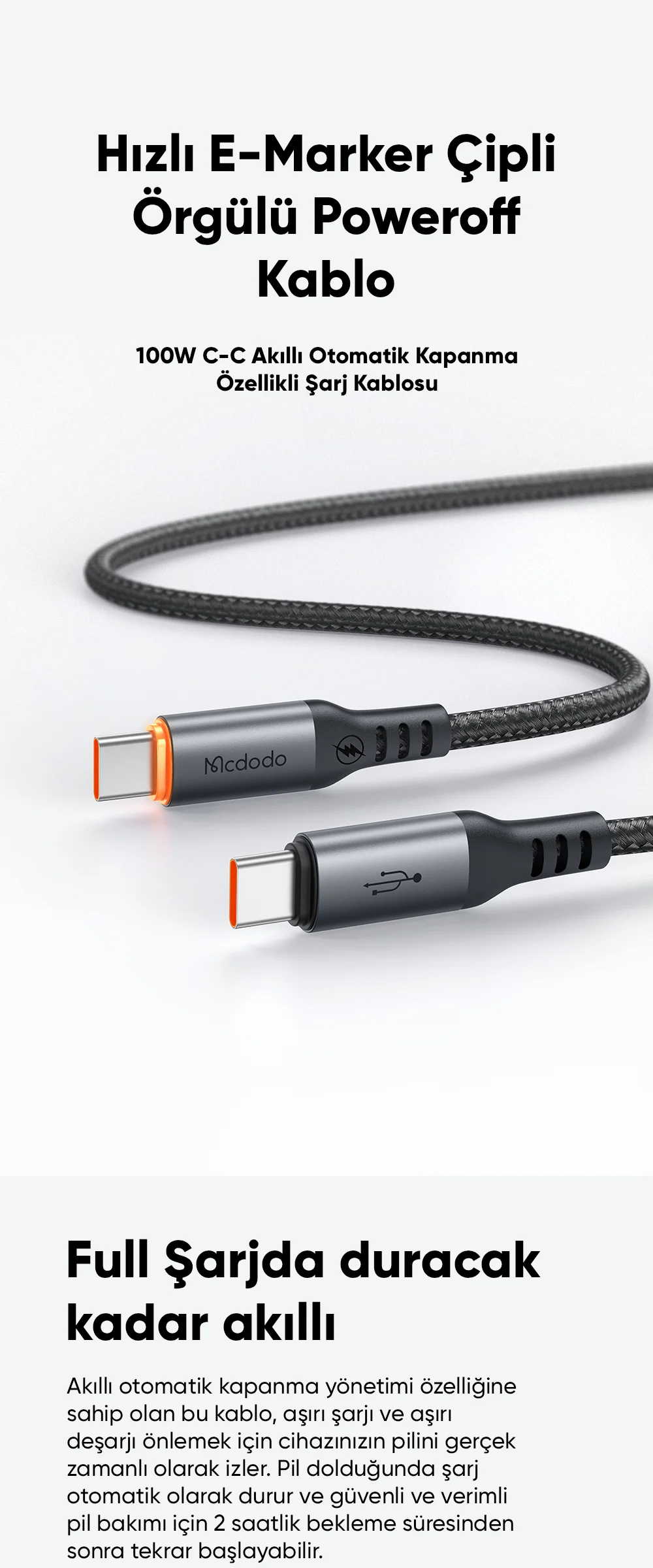 Mcdodo CA-2040 Type-c Type-c 100W PD Hızlı  E-Marker Çipli Örgü Poweroff Kablo 1.2m Siyah ürün afişi · bölüm 1