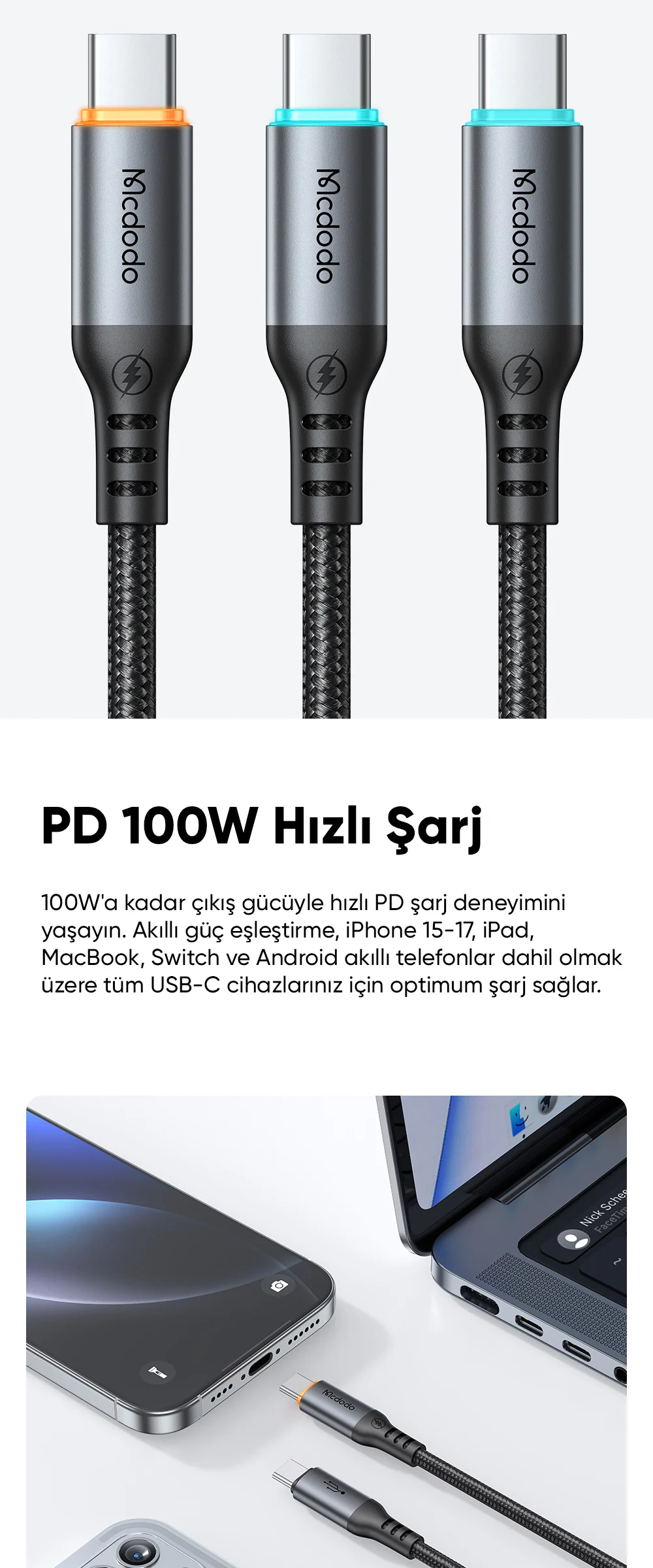 Mcdodo CA-2040 Type-c Type-c 100W PD Hızlı  E-Marker Çipli Örgü Poweroff Kablo 1.2m Siyah ürün afişi · bölüm 2