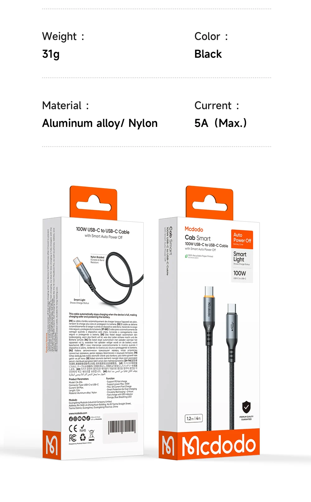 Mcdodo CA-2040 Type-c Type-c 100W PD Hızlı  E-Marker Çipli Örgü Poweroff Kablo 1.2m Siyah ürün afişi · bölüm 5