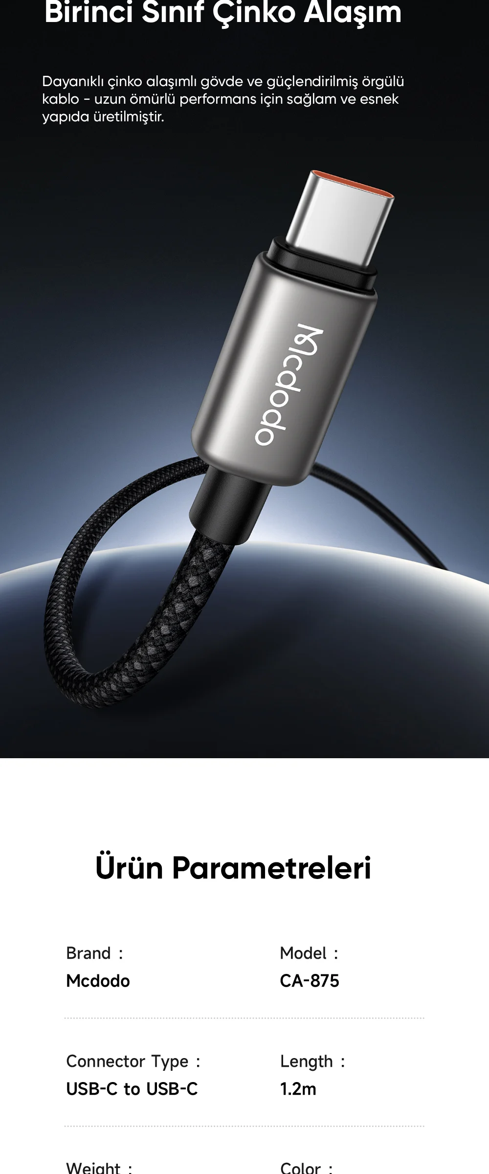 Mcdodo CA-8750 240W Type-C To Type-C TFT Ekranlı Şarj Kablosu 1.2m Siyah ürün afişi · bölüm 4