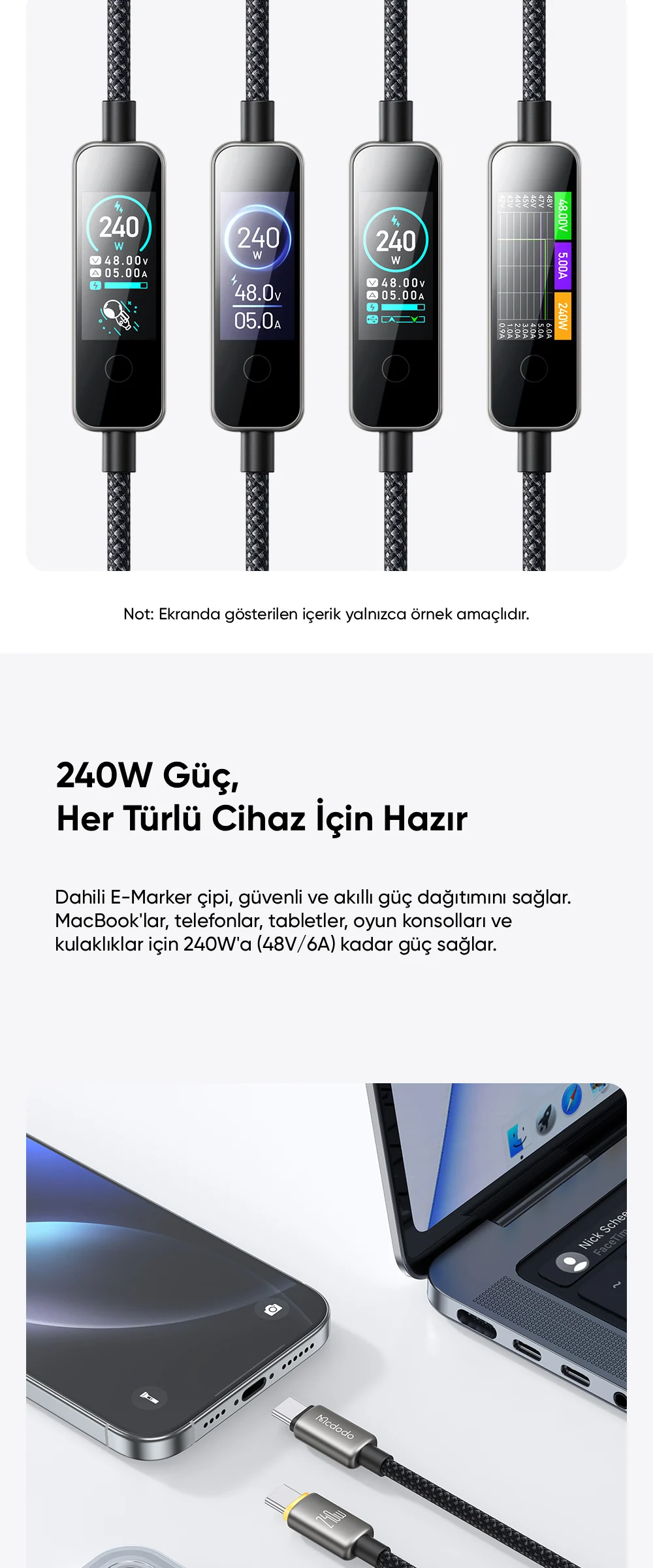 Mcdodo CA-8750 240W Type-C To Type-C TFT Ekranlı Şarj Kablosu 1.2m Siyah ürün afişi · bölüm 2