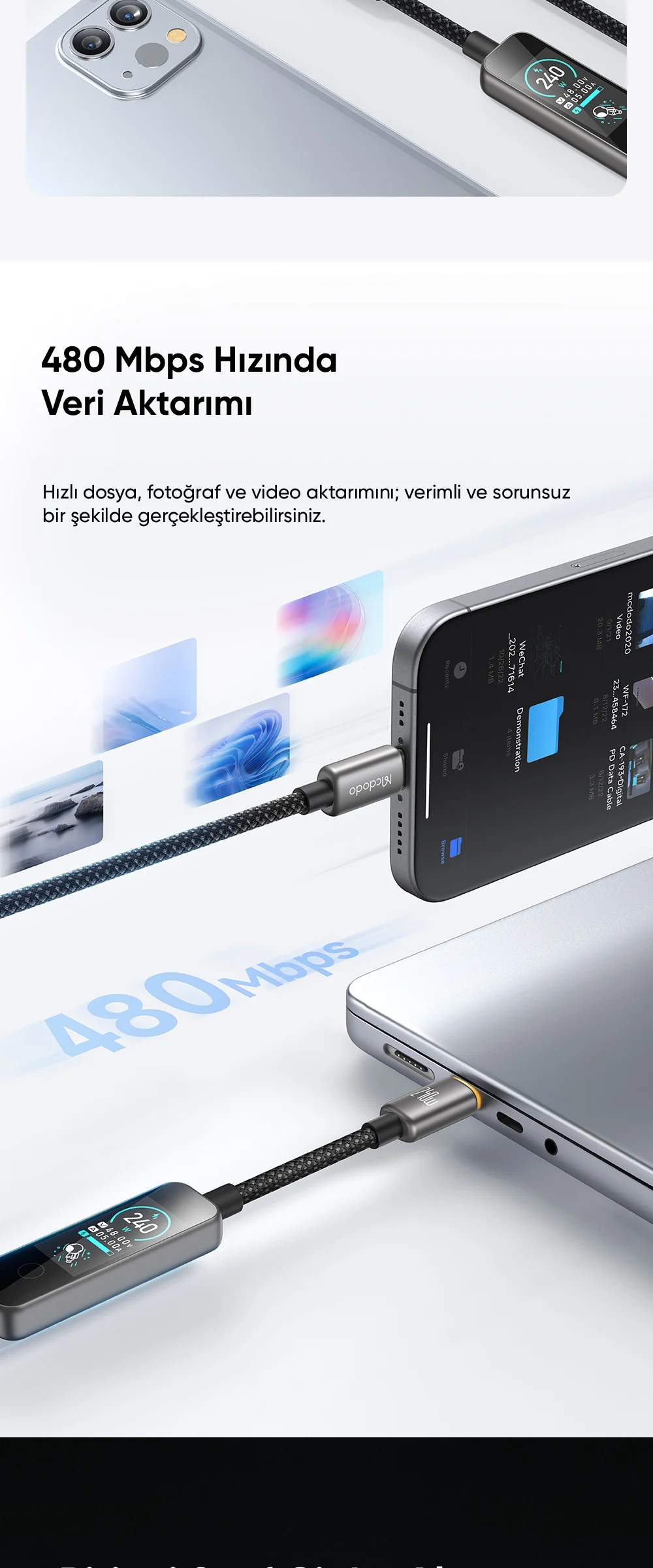 Mcdodo CA-8750 240W Type-C To Type-C TFT Ekranlı Şarj Kablosu 1.2m Siyah ürün afişi · bölüm 3