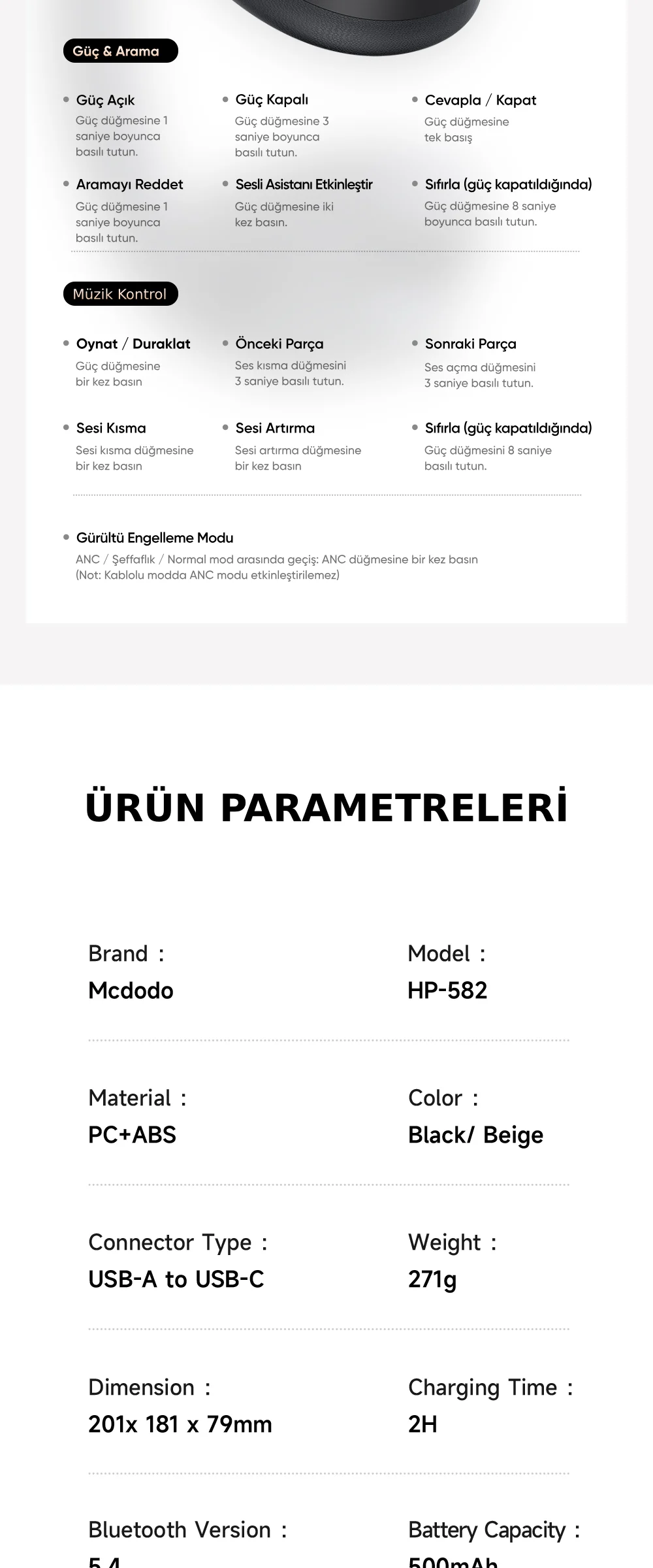 Mcdodo HP-5821 T03 Serisi Anc Doubly-fed Bluetooth Kulak Üstü Kulaklık Beyaz ürün afişi · bölüm 8