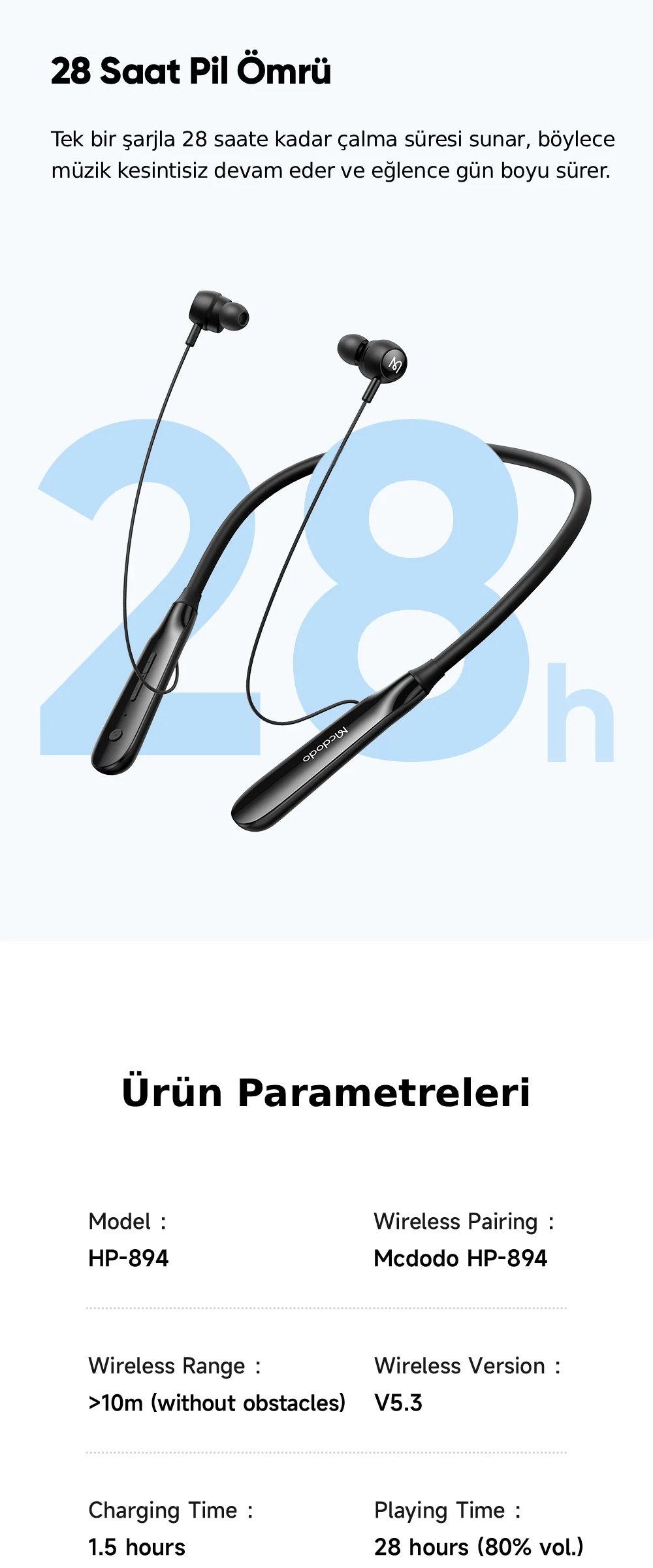 Mcdodo HP-8940 Bluetooth Boyun Askılı Kablosuz Kulaklık Siyah ürün afişi · bölüm 4