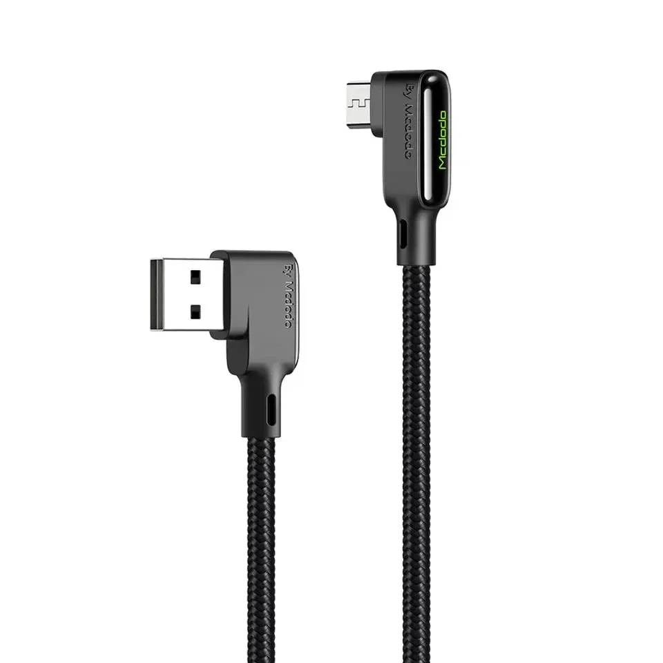 Mcdodo L Tipi Micro USB LED Işıklı Şarj ve Data Kablosu 3A 1.8M Siyah