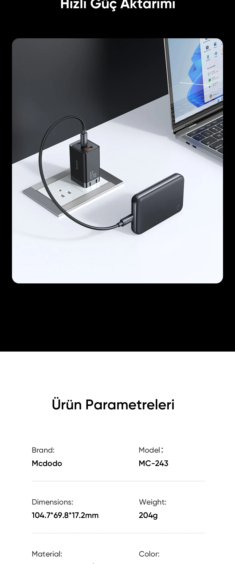 Mcdodo MC-2431 MetaAir Qi2.2 25W 10000mAh 35W Ultra İnce Metal Manyetik Kablosuz Powerbank Siyah ürün afişi · bölüm 6