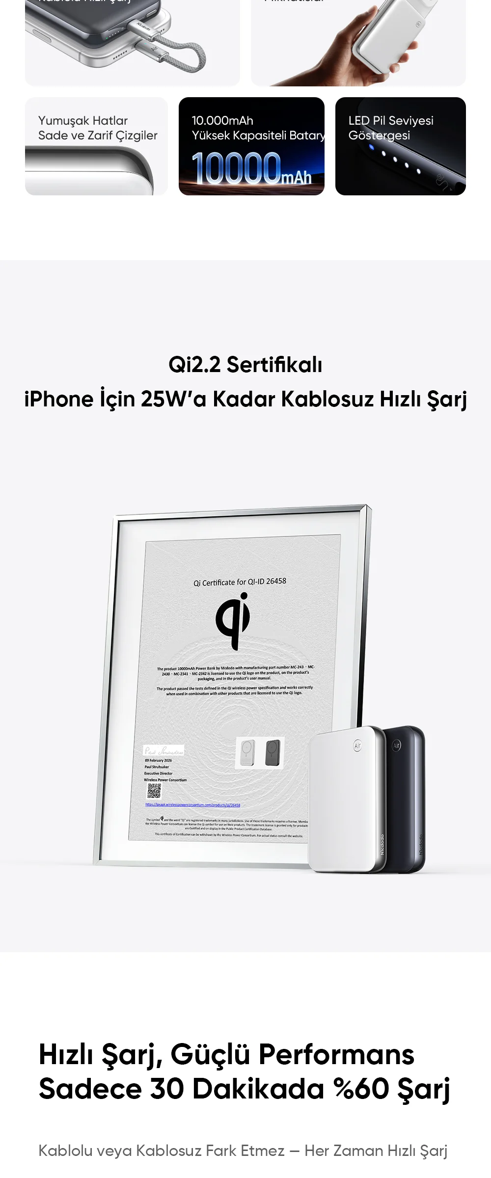 Mcdodo MC-2431 MetaAir Qi2.2 25W 10000mAh 35W Ultra İnce Metal Manyetik Kablosuz Powerbank Siyah ürün afişi · bölüm 2