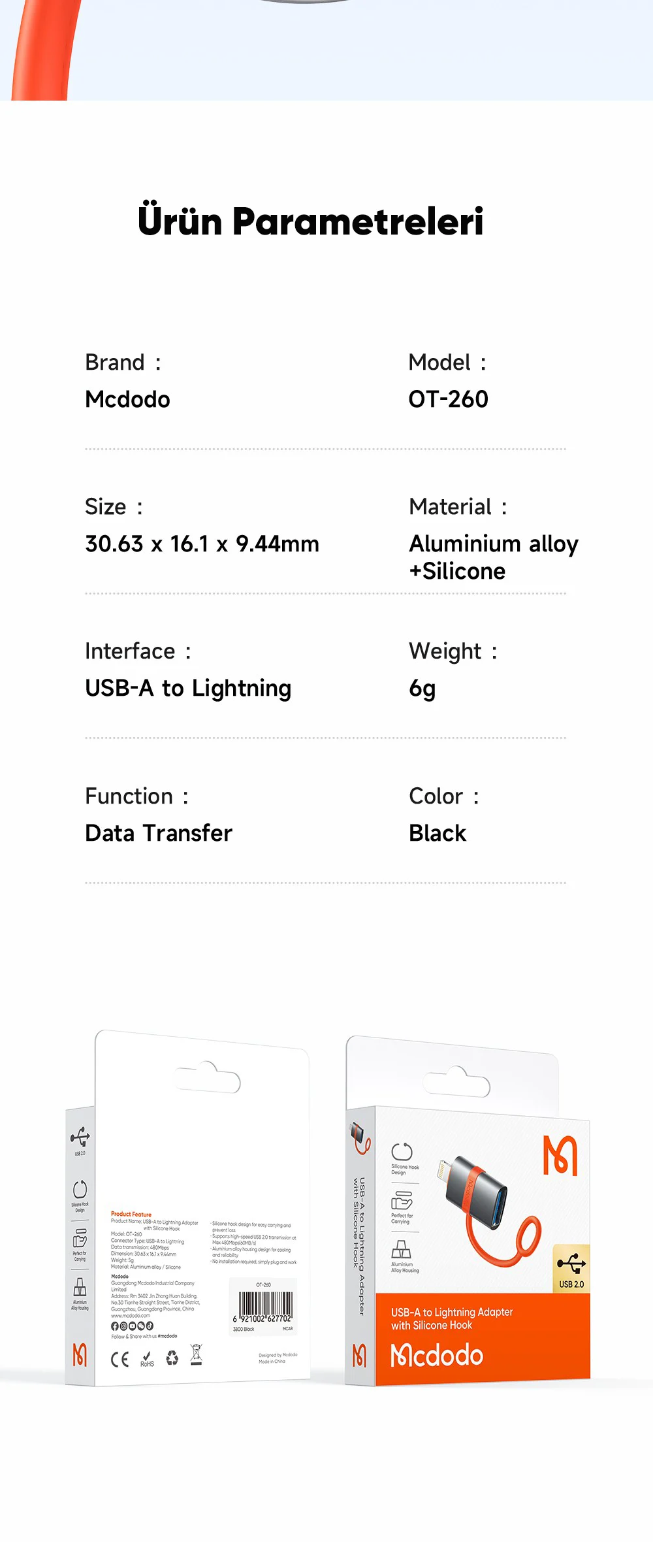 Mcdodo OT-2600 2.0 Usb-ATo Lightning-otg - Gri ürün afişi · bölüm 8