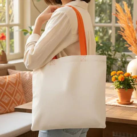 Renkli Kulplu Gabardin Bez Çanta 40×35 cm — Turuncu Kulp